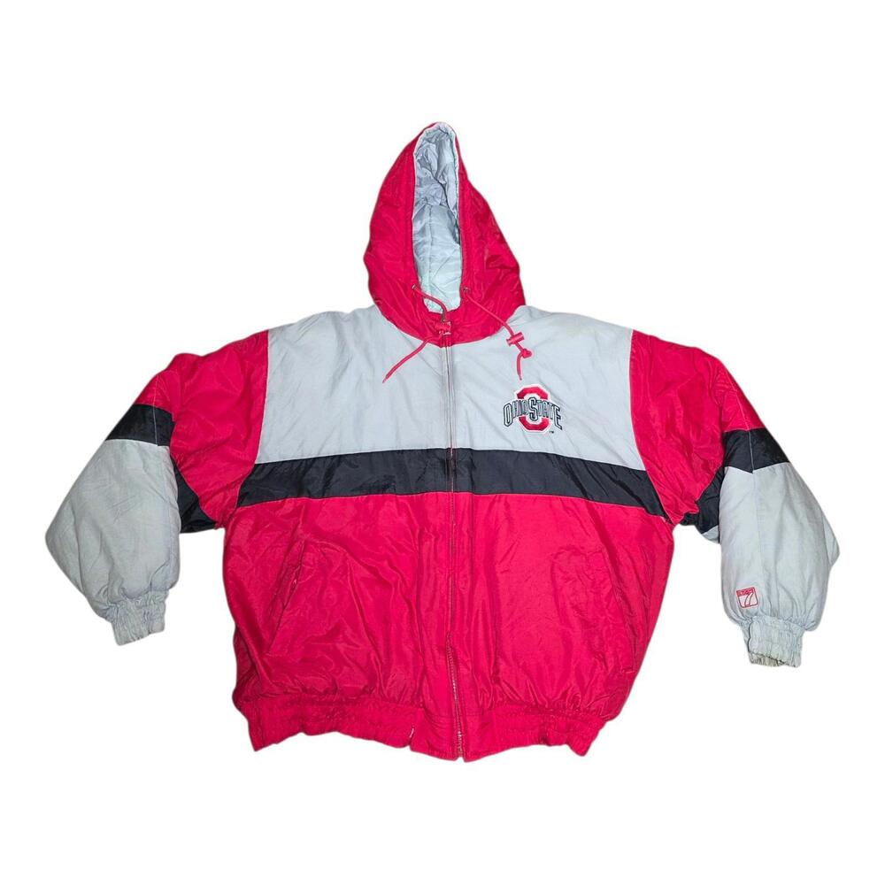Vintage 90s Ohio State Buckeyes Logo 7 Red Gray Black‎ Puffer Jacket XL